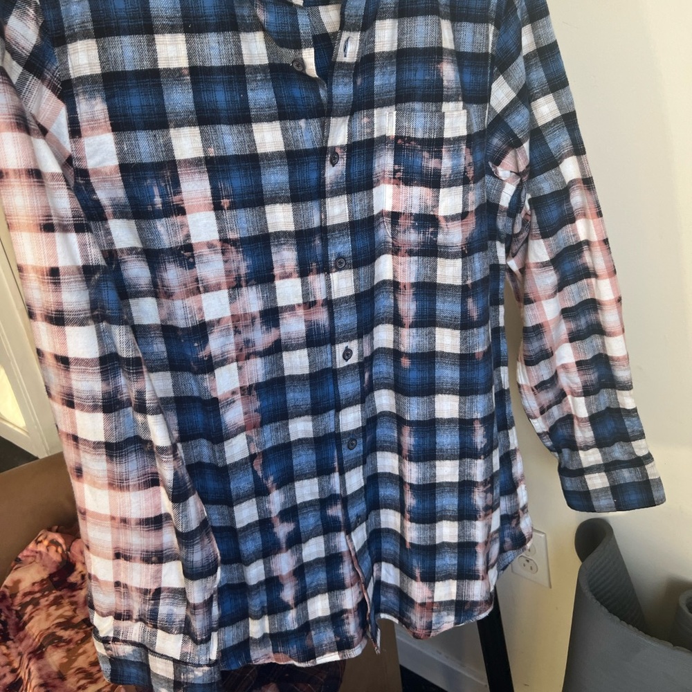 Bleached upcycled reworked plaid long sleeve Flannel